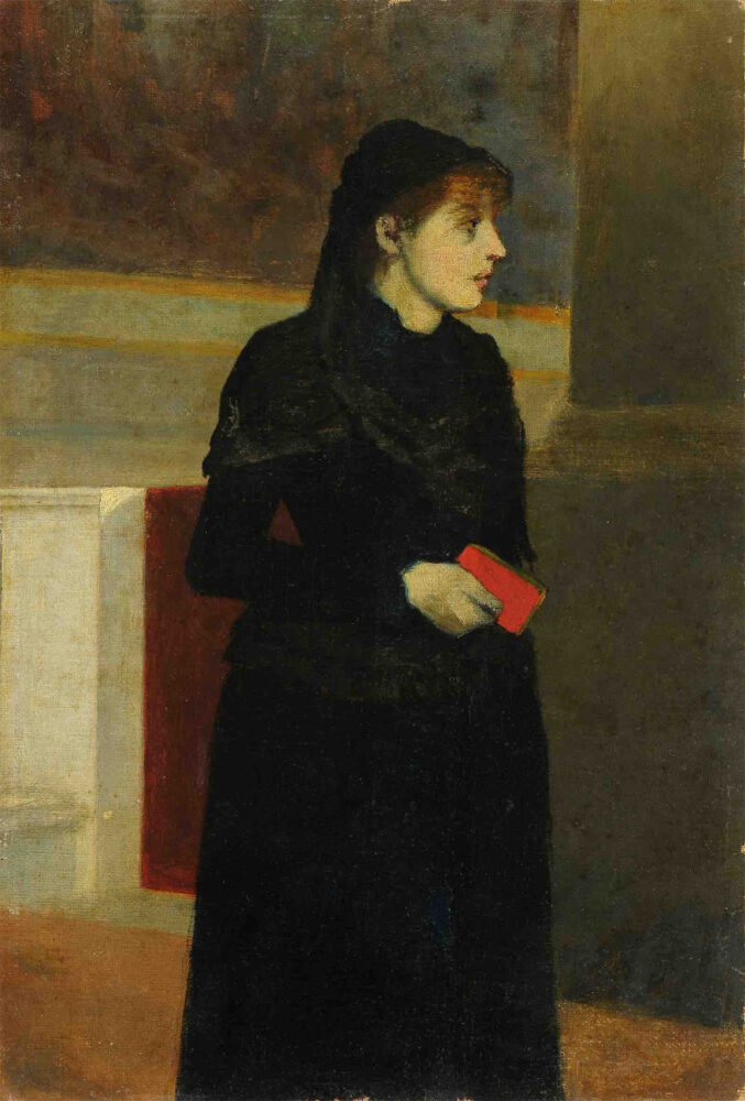 M. Puccini, Ritratto della fidanzata all’uscita dalla chiesa, olio su tela, 21x31 cm., collezione privata