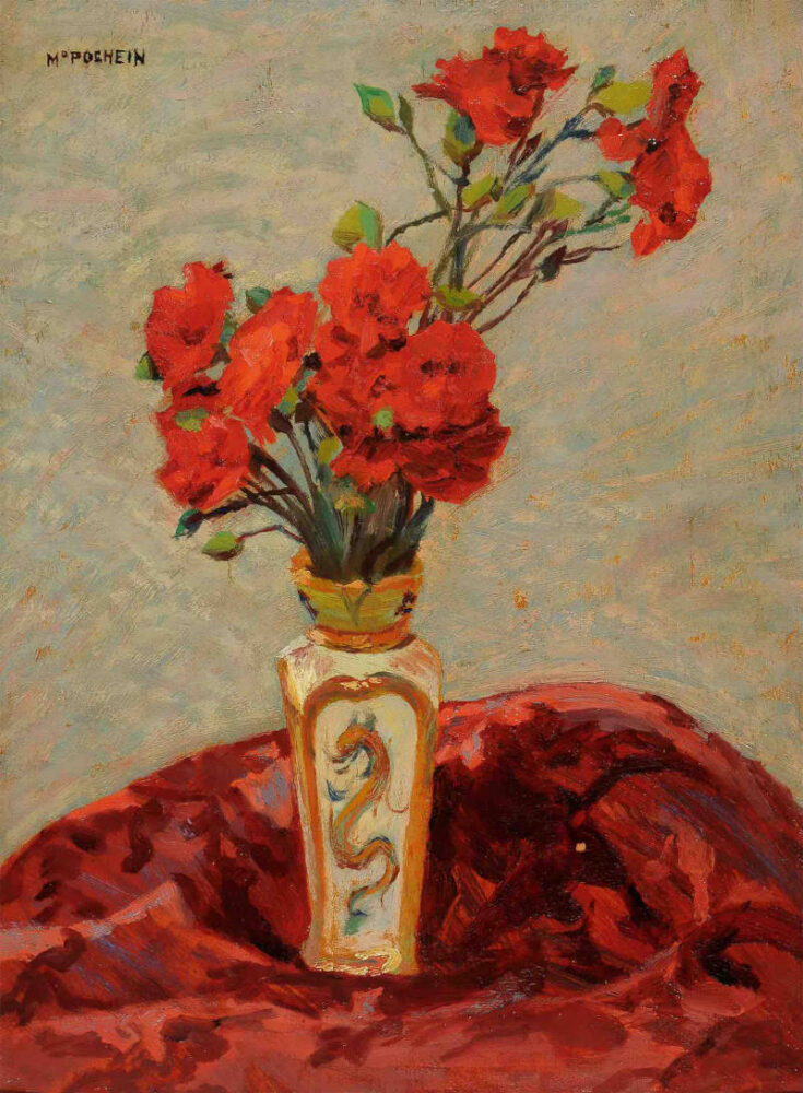 M. Puccini, Natura morta con garofani rossi, olio su tavola, 37x28 cm., collezione privata