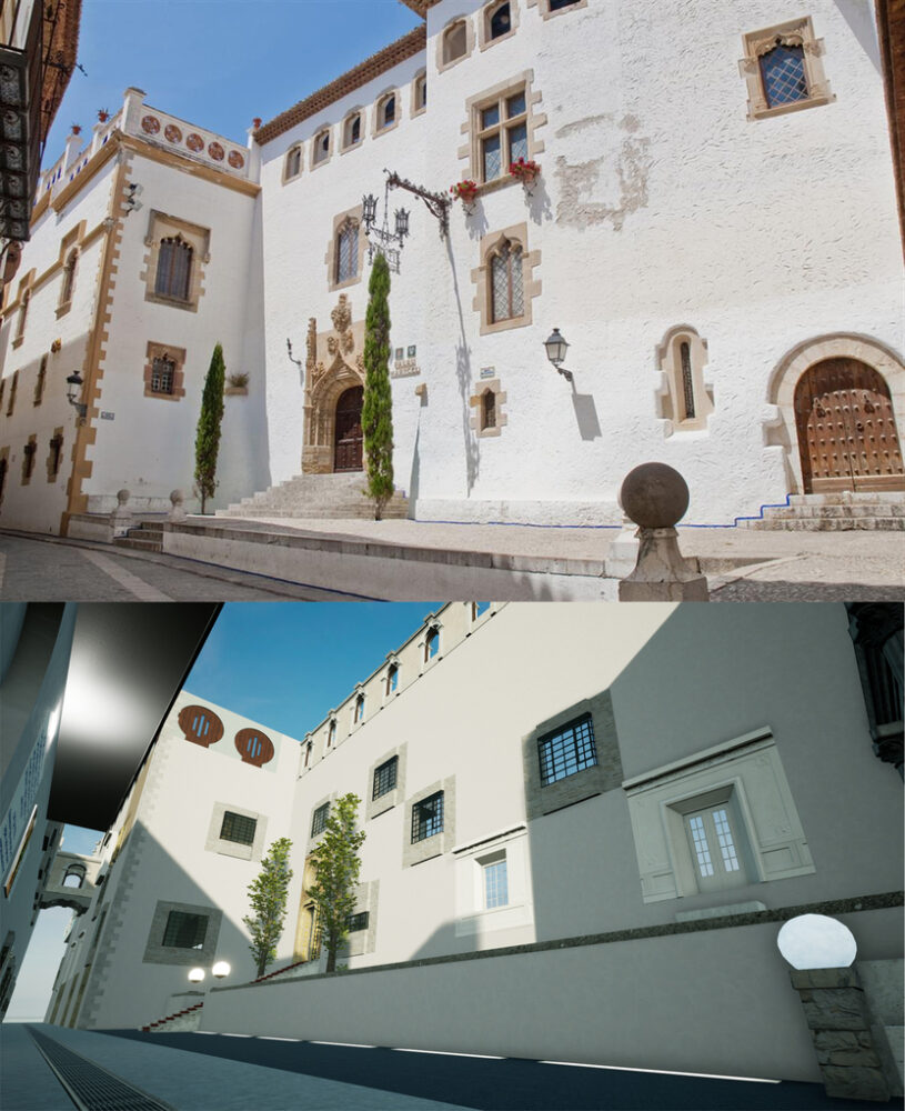 L’esterno del Museo Maricel confrontato con la sua versione virtuale su OWW.