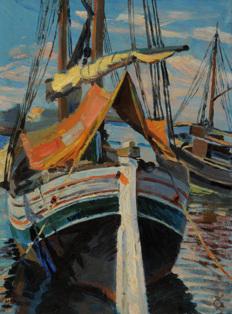 M. Puccini, Barca con garitta, olio su tavoletta, 38x28 cm. collezione privata