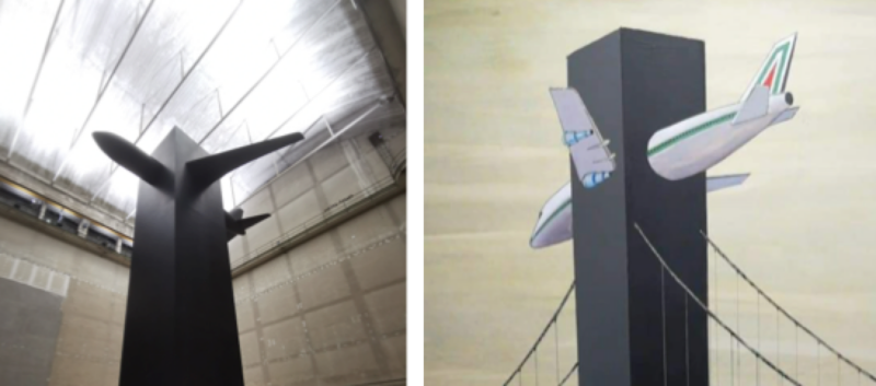 Blind (2021), l’installazione di Cattelan all’Hangar Bicocca, e a destra Architettura dopo (1985), di Ico Parisi