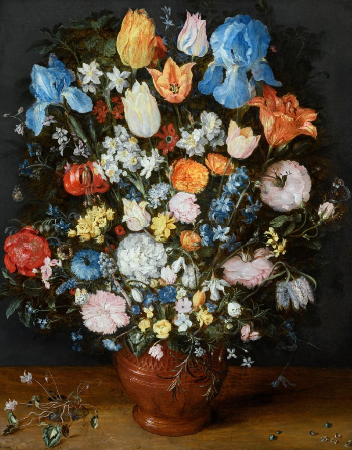 Jan Brueghel the Elder A lavish still life of many flowers in a terracotta vase resting on a wooden ledge, flanked by a clump of cyclamen and scattered diamonds and sapphires, stima £2,500,000 - 3,500,000
