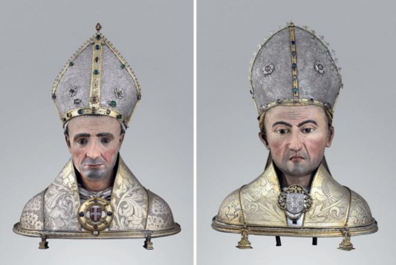 Orafo di Ginevra o Chambéry, Busto reliquiario di san Grato, 1432 e Petrus Agnyvel (?), Busto reliquiario di san Giocondo, 1482 circa, Aosta, Cattedrale, Museo del Tesoro