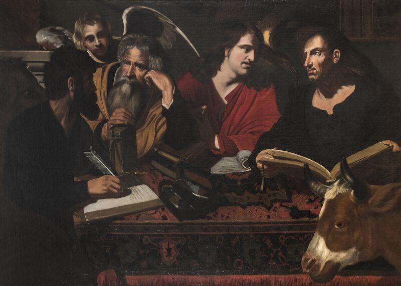 LOTTO 56. DIPINTO QUATTRO EVANGELISTI DI SEGUACE DI VALENTIN DE BOULOGNE