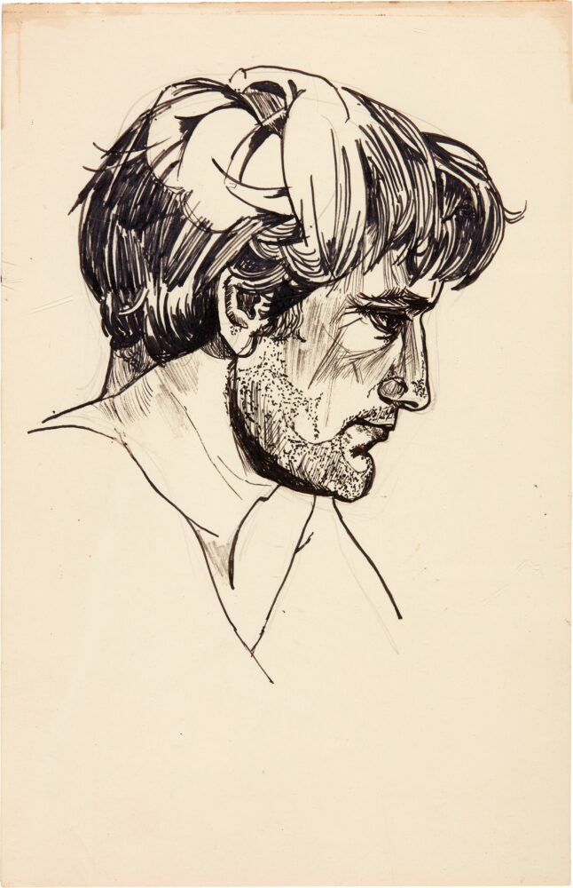 Portrait of Ted Hughes by Sylvia Plath, head and shoulders, in profile, inscribed by Hughes on the reverse in pencil (By Sylvia _ Plath _ Ted Hughes). Estimate; £10,000 - £15,000,