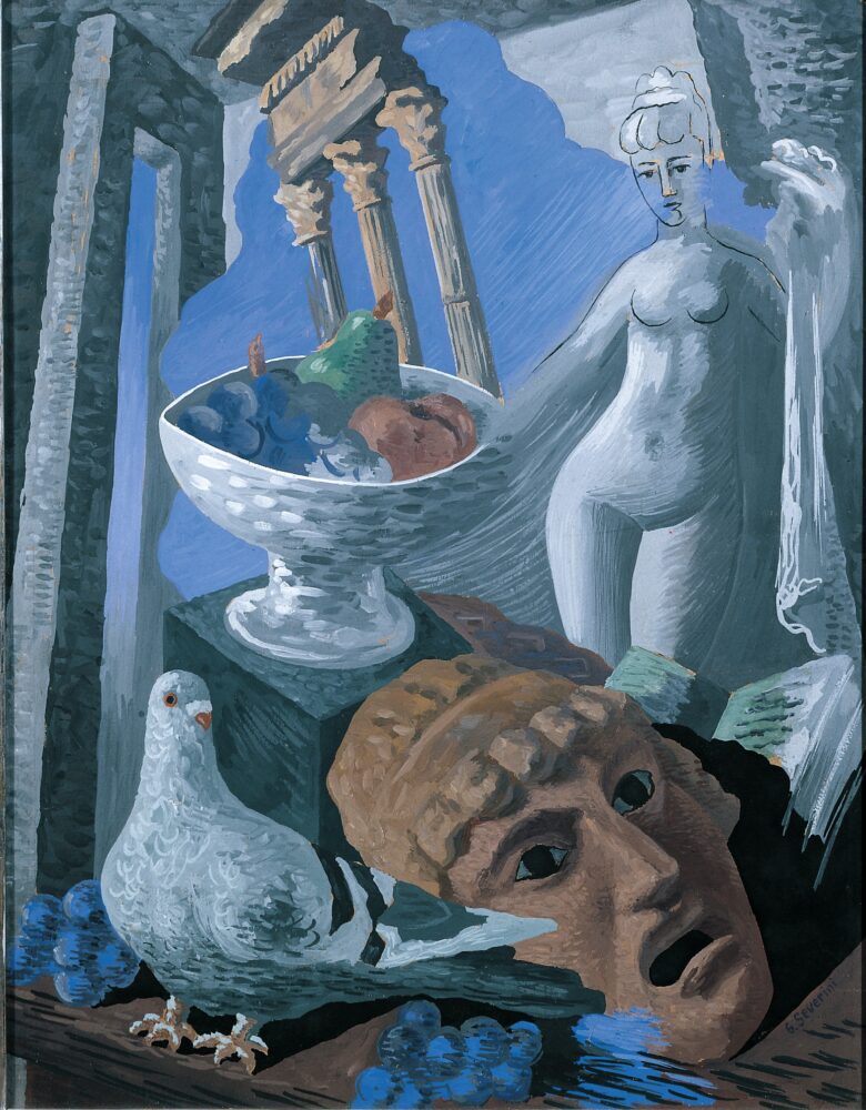 Severini, Natura morta con ruderi, piccione e statua, 1931 tempera su cartoncino, cm. 65x50