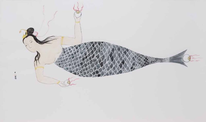 Shimabuku - Je voyage avec une sirène de 165 mètres, 1998 - en cours - Aquarelle sur papier (détail de l’installation) Dessin de Shimabuku, Sydney, Australie, 1998 75 x 104 cm Collection NMNM, n° 2019.4.1.7 © Shimabuku Courtesy de l’artiste et Air de Paris, Romainville