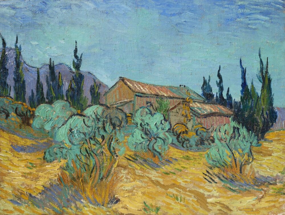 Vincent van Gogh, Cabanes de bois parmi les oliviers et cyprès, 1889