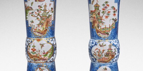 Lot 49 An extremely rare pair of Meissen Augustus Rex underglaze-blue-ground beaker vases