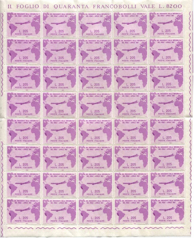 1961, REPUBBLICA ITALIANA, VISITA DAL PRESIDENTE GRONCHI IN SUD-AMERICA. I quattro valori con Gronchi rosa (S.918/921) in fogli di 40 esemplari. Molto belli, perfetti. Stima: 18.000 - 20.000 eur