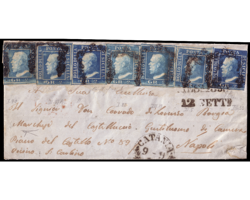 Lotto 480: SICILIA 1859 (9 set.) Lettera senza testo da Catania, via Messina (12.9) per Napoli, affrancata per 14gr. con 7 esemplari del 2gr. di varie tinte, appartenenti a tutte e 3 le tavole. Venduto:€ 5.625