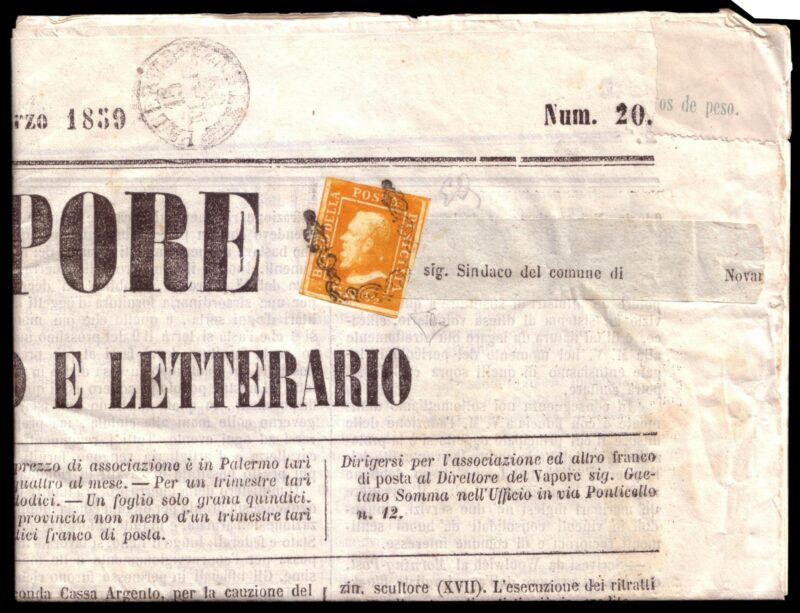 Lotto 466: SICILIA 1859 (15 mag.) Giornale "Il Vapore" da Palermo per Novara di Sicilia, affrancato con ½gr. arancio, I tavola, carta di Napoli Provenienza Collezione Alphonse Rothschild. Asta Phillips, Londra: 8 novembre 1984, lotto 55 Cert. En. Diena. Firma Em. Diena Newspaper..........(Sass. 1a) Stima € 1.000 - 1.200