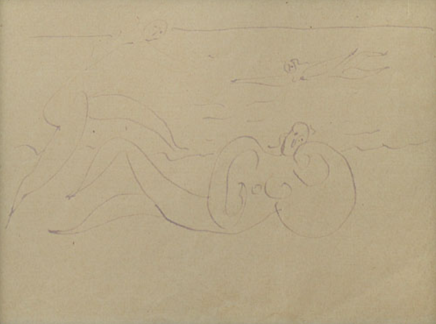 LOTTO 220 - PABLO PICASSO, A La Plage, 1918. Disegno ad inchiostro viola su carta, 16x20,5 cm. Stima: 72-80.000 euro