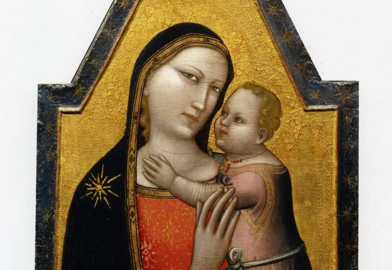 Allegretto Nuzi, Madonna col Bambino e Imago Pietatis, tempera su tavola. Dittico diviso tra collezione privata e Pesaro, Musei civici. (dettaglio)