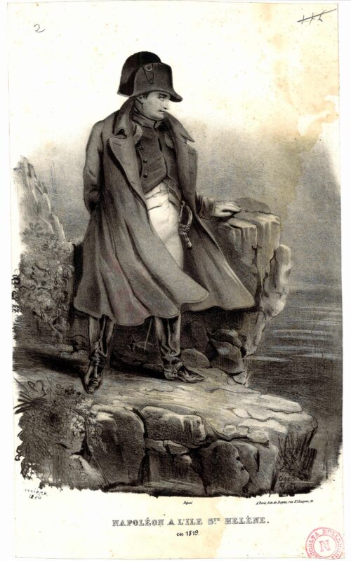 Napoléon a l'ile S. Hélen (1819), ritratto di Napoleone in piedi su una costa rocciosa dell'isola con lo sguardo rivolto verso il mare. ASMi, Clerici di Cavenago, Stampe Clerici, b. 1, fasc. 2, doc. 1