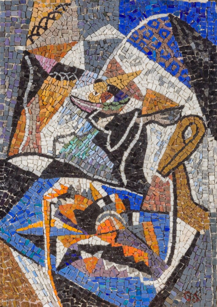 800/900 ART STUDIO Gino Severini Nature morte au homard sur plat bleu 1950 ca., mosaico su cemento, cm 45 x 33