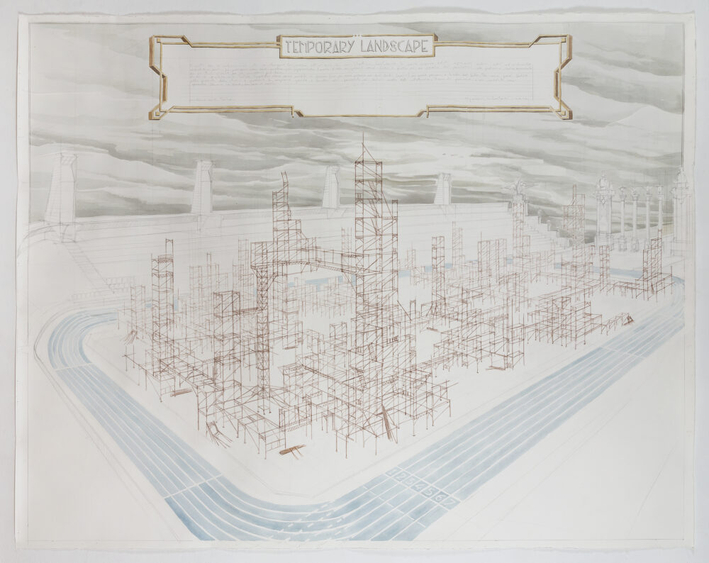 Eugenio Tibaldi, TEMPORAY LANDSCAPE 2009-2020, watercolor, 200x160 cm. Courtesy l’artista e Galleria Umberto Di Marino. Ph Beppe Giardino