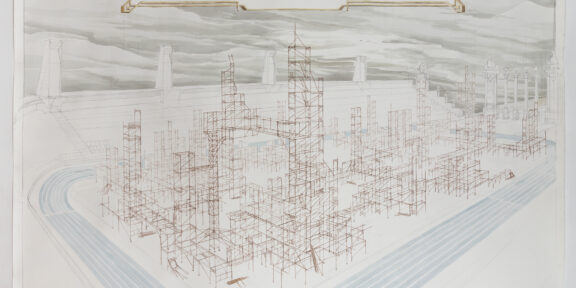 Eugenio Tibaldi, TEMPORAY LANDSCAPE 2009-2020, watercolor, 200x160 cm. Courtesy l’artista e Galleria Umberto Di Marino. Ph Beppe Giardino