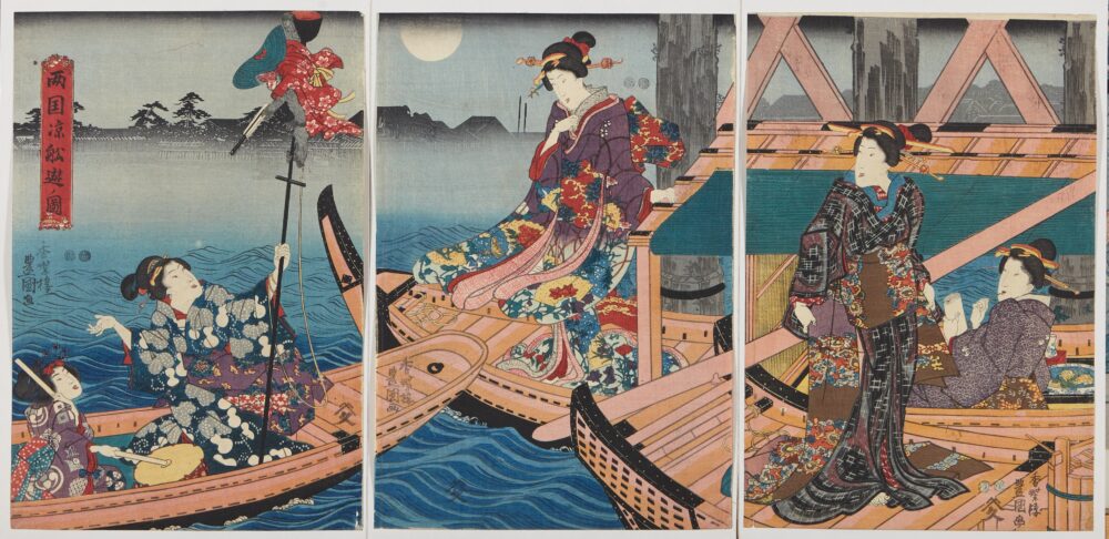 Lotto 263: Quattro trittici di xilografie di cui una di Utagawa Kunisada II (1823-1880): "The New Yoshiwara in Temporary Quarters: Courtesans of the House of Owariya HIkotarô Viewing Cherry Blossoms"; due di Utagawa Kunisada (1786-1865): "Ryogoku-suzumi funa-asobi" e "A Parody of the Hana no en Chapter in Genji", e una di un allievo di Utagawa Kuniyoshi: "Autunno".  Giappone, periodo Edo (1603-1868)   (le singole xilografie ca. 36x24,5 cm.) Stima € 600 - 800