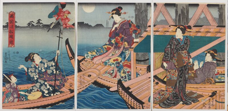 Lotto 263: Quattro trittici di xilografie di cui una di Utagawa Kunisada II (1823-1880): "The New Yoshiwara in Temporary Quarters: Courtesans of the House of Owariya HIkotarô Viewing Cherry Blossoms"; due di Utagawa Kunisada (1786-1865): "Ryogoku-suzumi funa-asobi" e "A Parody of the Hana no en Chapter in Genji", e una di un allievo di Utagawa Kuniyoshi: "Autunno". Giappone, periodo Edo (1603-1868) (le singole xilografie ca. 36x24,5 cm.) Stima € 600 - 800