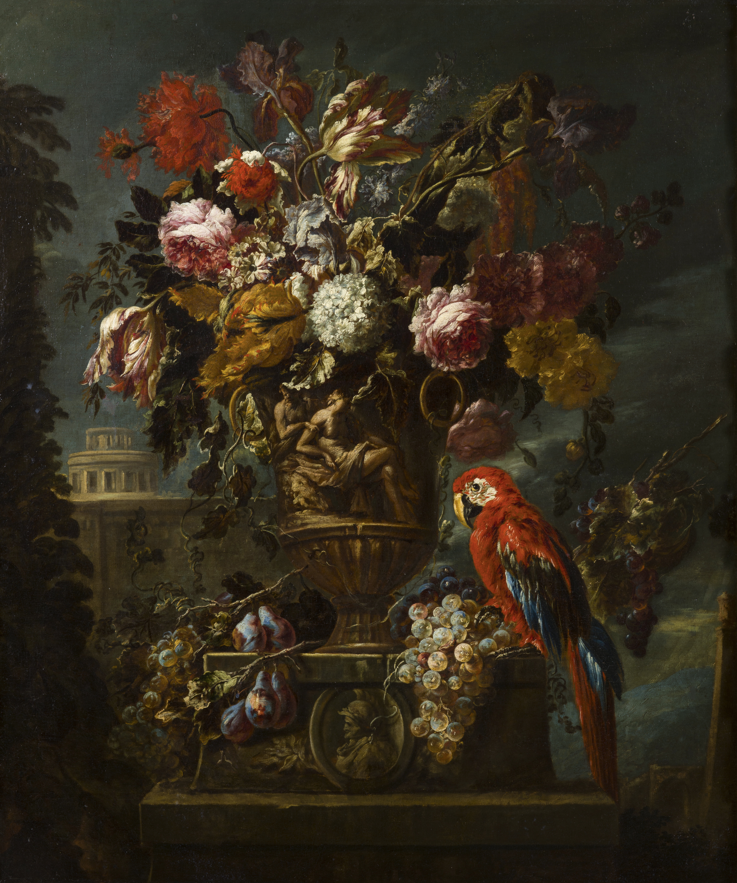 David De Coninck, Vaso istoriato di fiori con pappagallo
