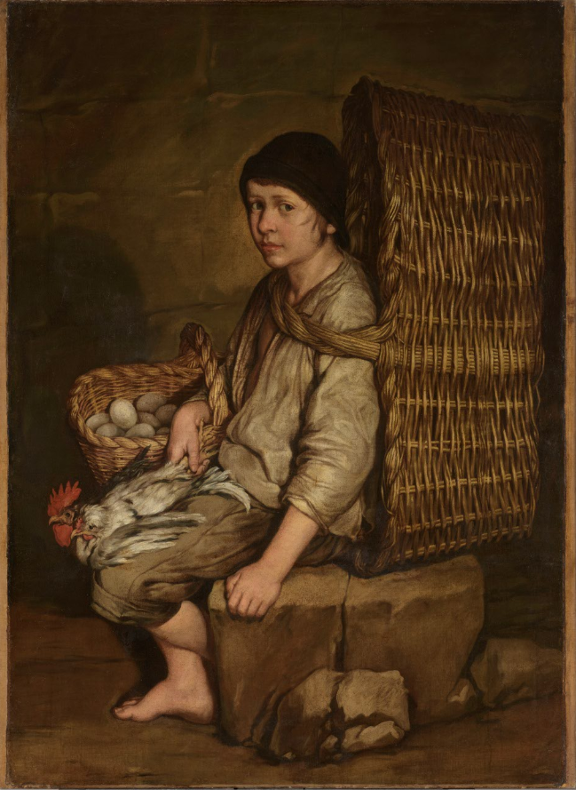 Giacomo Ceruti Portarolo seduto con cesta a tracolla e pollame olio su tela, 1735 circa