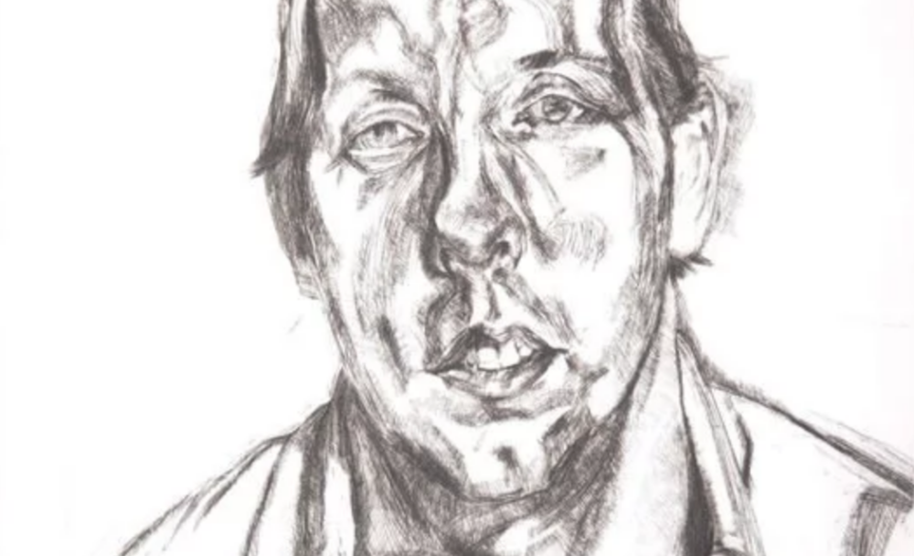 Particolare del ritratto dell'artista David Dawson, inciso nel 1998 da Lucian Freud