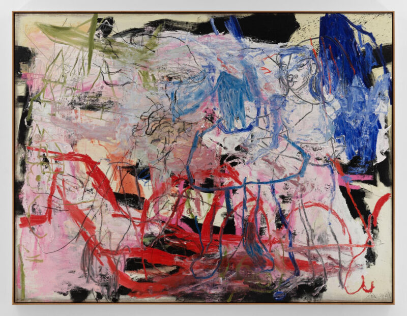 Rita Ackermann Mama, How can you see someone’s Soul? 2021 Acrylic, oil and china marker on linen 195.6 x 238.8 cm / 77 x 94 inches Photo: Thomas Barrat
