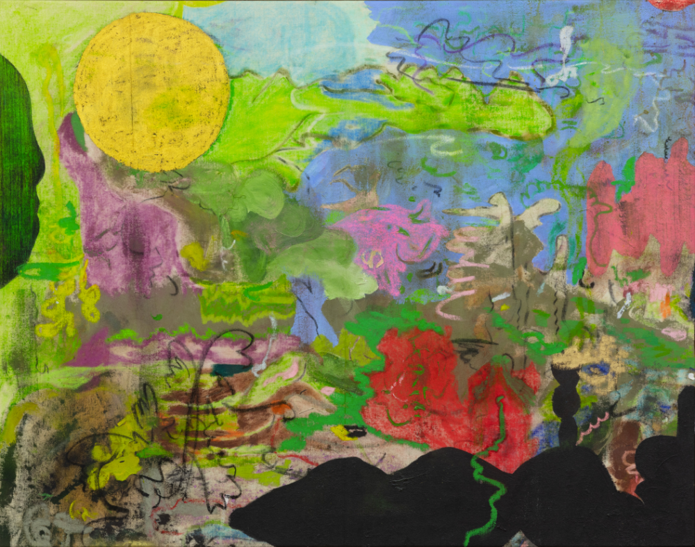 Green cloud, golden moon and sleeper, 2020, olio, pastello, acrilico, carboncino su tela, 76 × 101 cm