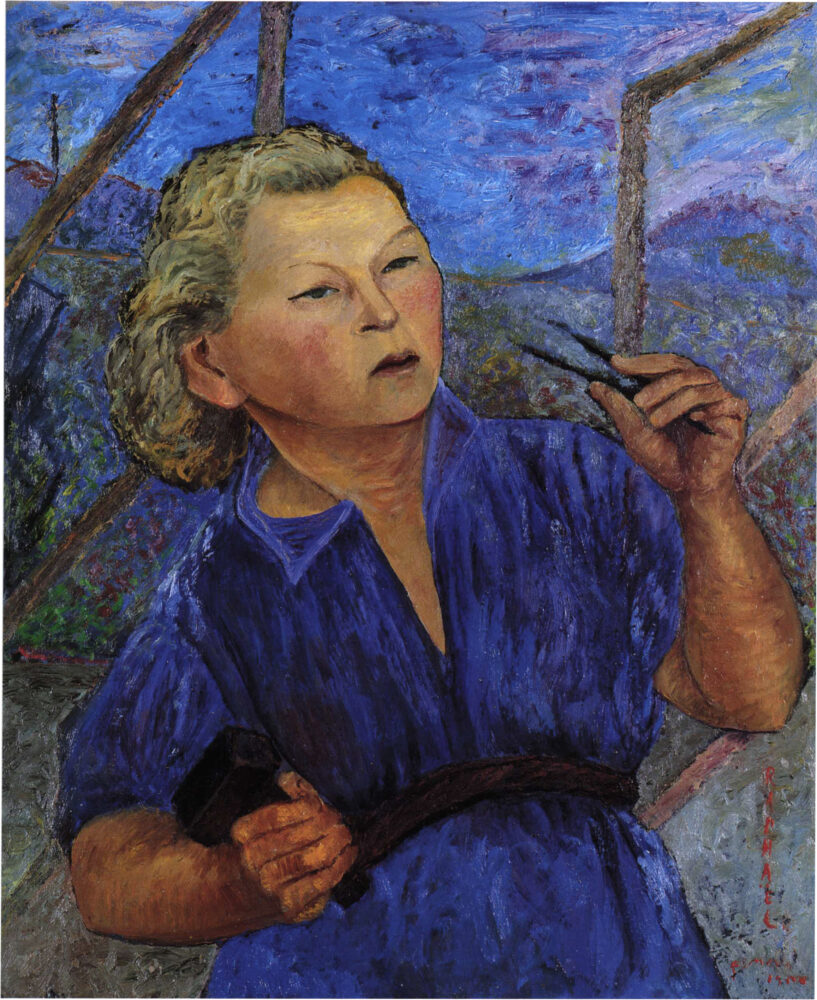 Antonietta Raphaël Autoritratto con tuta blu, 1940 ca. olio su tavola / oil on panel, cm 77 x 63 Galleria del Laocoonte, Roma/Londra