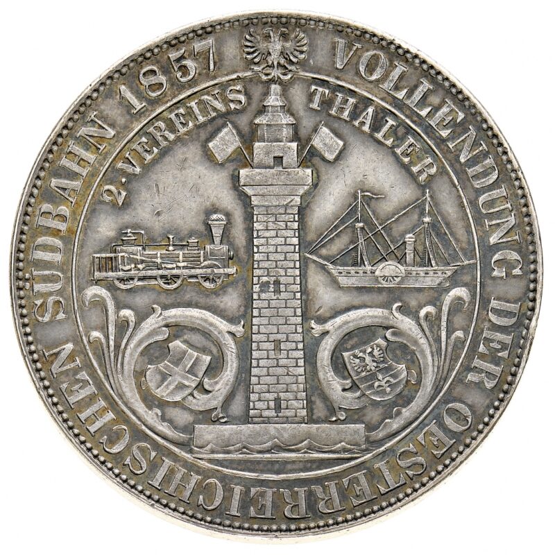 Moneta ferroviaria. Due talleri 1857 d’Austria per il completamento della linea ferroviaria Vienna Trieste. Partirà da 1.500 euro