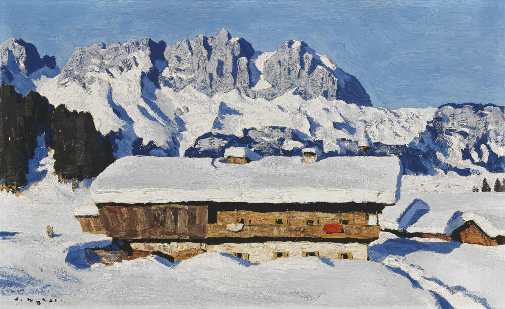 Alfons Walde (Oberndorf 1891 - 1958 Kitzbühel) Wilder Kaiser con fattoria in inverno, 1930 circa, olio su cartone, 41,5 x 67 cm, asta di “Arte Moderna”, 30 novembre 2021, stima € 280.000 - 450.000