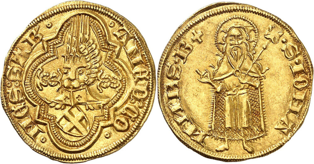San Giovanni proposto in una efficace stilizzazione e stemma dei Savoia sul fiorino di Amedeo VII, valutato 40.000 franchi.