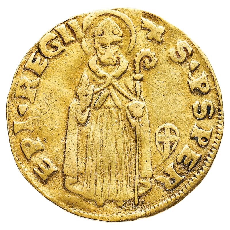 Ercole solleva Anteo e al rovescio san Prospero sul ducato di Ercole I d’Este, zecca di Reggio Emilia, stimato 30.000 euro.