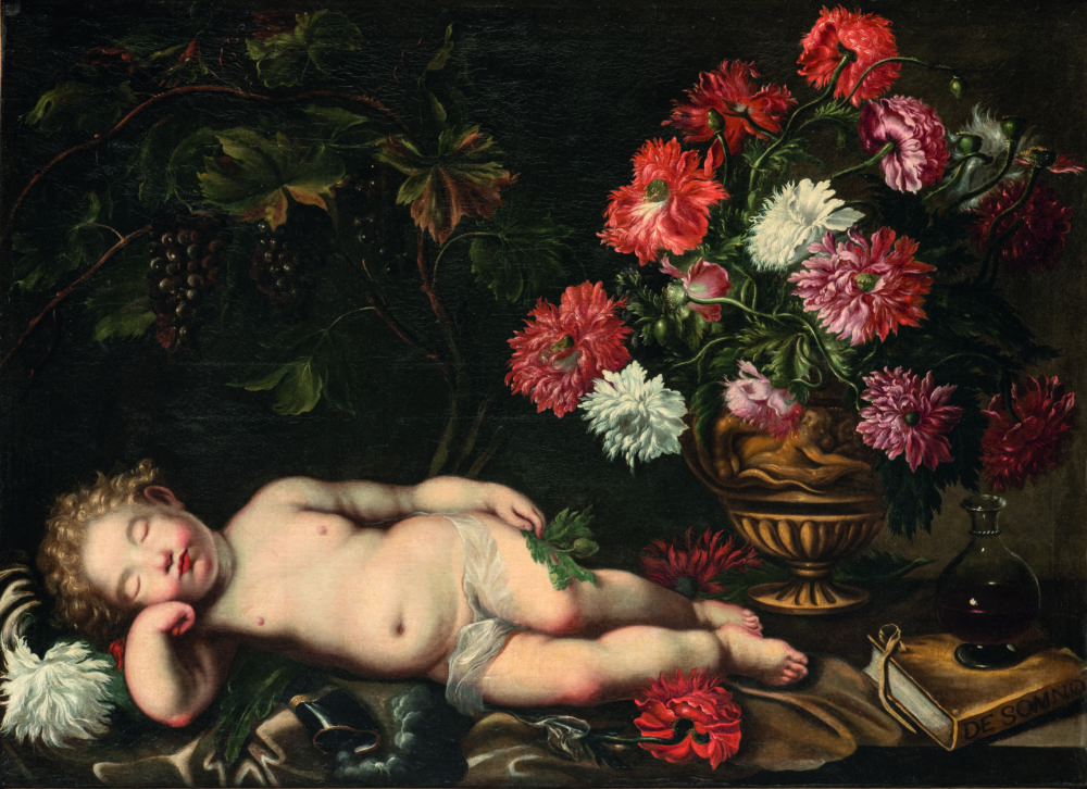 Carlo Maratti (attr. a) (Camerano, 1625 - Roma, 1713), Mario Nuzzi detto Mario Dei Fiori (Roma, 1603 - 1673), Allegoria del Sonno, Olio su tela, cm 94X135 Stima € 20.000 - 30.000