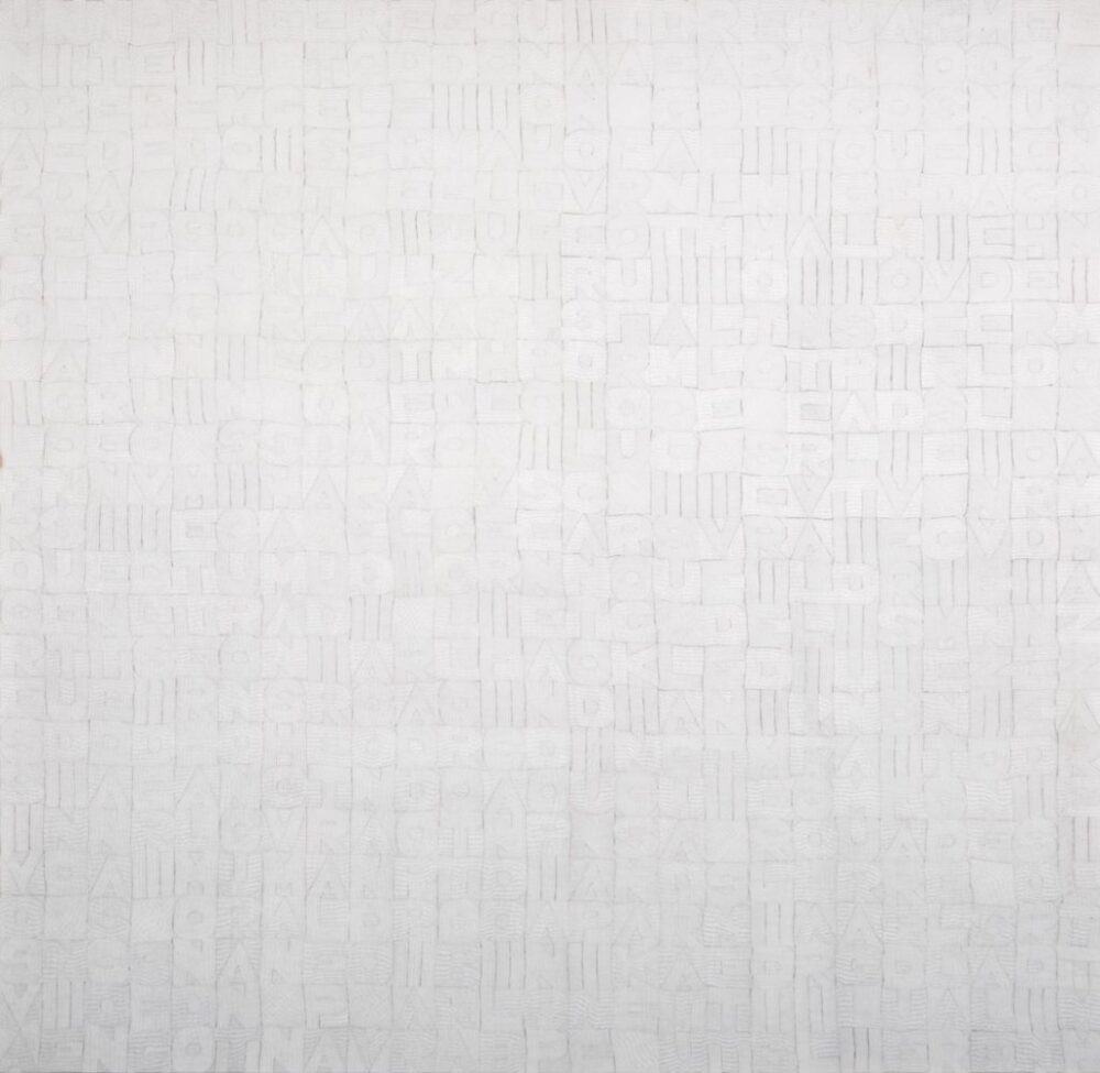 Alighiero Boetti, Titoli,1978 ricamo su tessuto, 172 x 178 cm