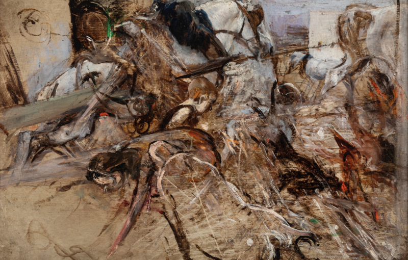 Giovanni Boldini (Ferrara, 1842 - Parigi, 1931), Cortile rustico, Olio su tavoletta, cm 17,5X27 Stima € 30.000 - 50.000