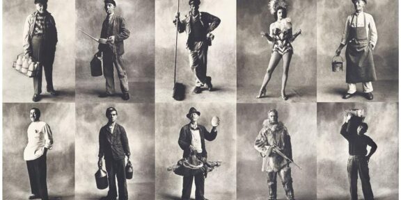 Irving Penn,(clockwise from top left) Milkman (A), New York, 1951; Engine Driver, London, 1950; Station Sweeper, New York, 1951; Rockette, New York, 1951; House Painter (B), London, 1950; Iceman, New York, 1951; Hunter, New York, 1951; Tinker, London, 1950; Locomotive Fireman, London, 1950; Barber, New York, 1951 Image Courtesy of Phillips