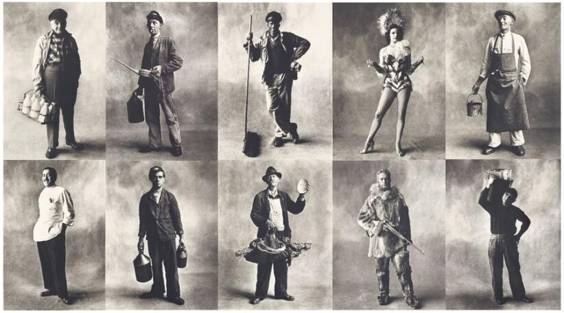 Irving Penn,(clockwise from top left) Milkman (A), New York, 1951; Engine Driver, London, 1950; Station Sweeper, New York, 1951; Rockette, New York, 1951; House Painter (B), London, 1950; Iceman, New York, 1951; Hunter, New York, 1951; Tinker, London, 1950; Locomotive Fireman, London, 1950; Barber, New York, 1951 Image Courtesy of Phillips