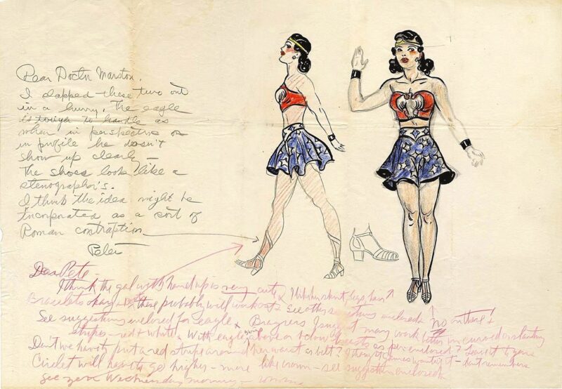 Harry G. Peter Primo disegno di Wonder Woman, con note di William Moulton Marston / First Wonder Woman drawing, with notes from William Moulton Marston c. 1941 DC Comics WONDER WOMAN and all related characters and elements TM & © DC. Used with permission.