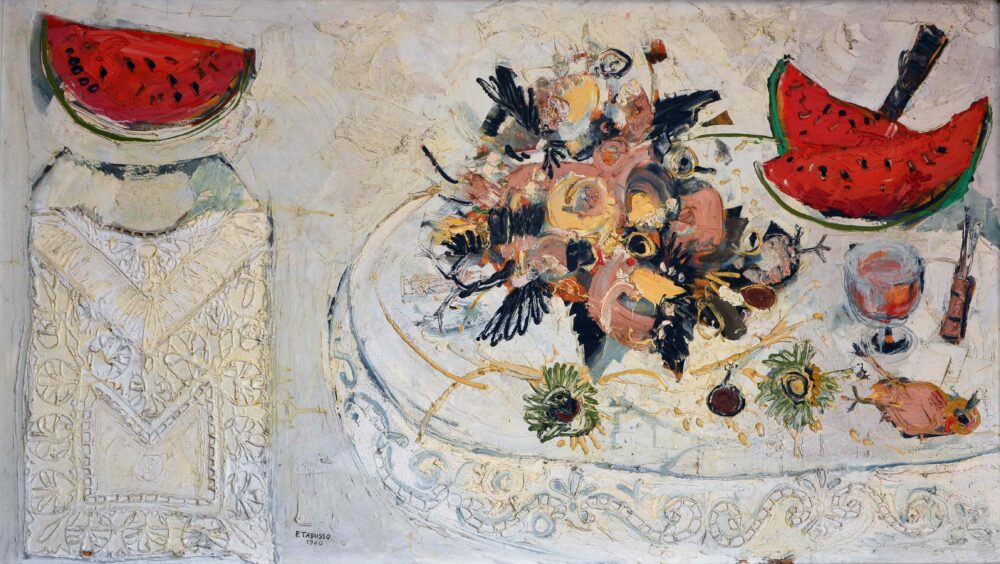 Francesco Tabusso, Natura morta con angurie, olio e collage su tavola, 70 x 123 cm, Biella Collezione privata