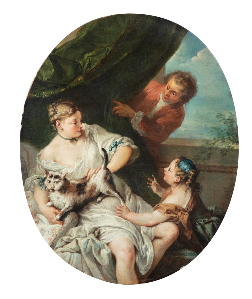 FRANÇOIS BOUCHER LA FEMME AU CHAT : THE SURPRISE Oil on canvas, oval 73 x 60 cm ; 28¾ by 23⅝ in Est. : 100,000 – 150,000 EUR