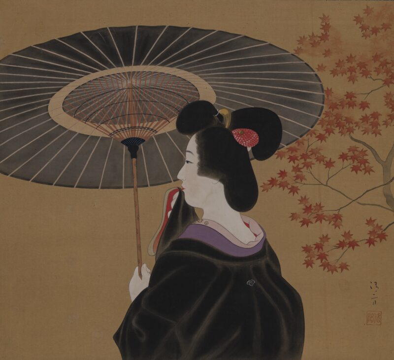 Kaburagi Kiyokata (1878-1972) Una geisha con parasole 1920-39 Dipinto a inchiostro e colori su seta, 45,7 x 50,9 cm