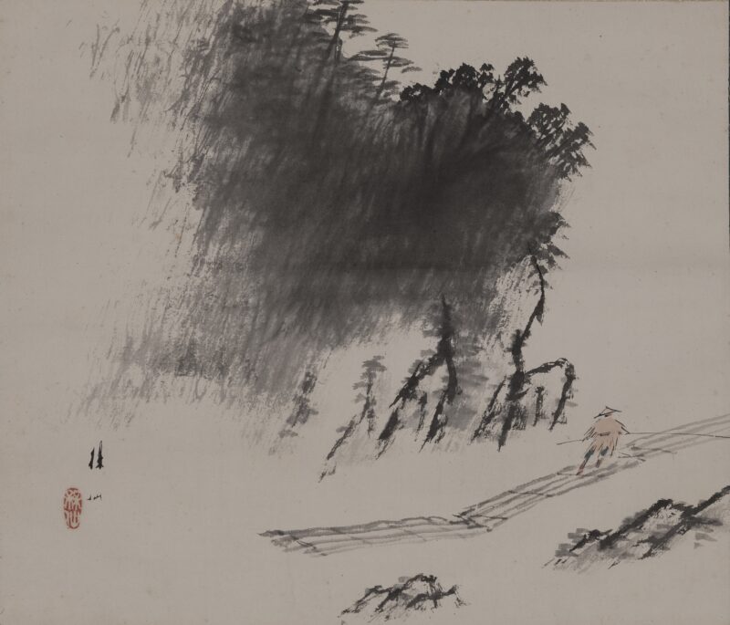 Hirai Baisen (1889-1969) Uomo su una zattera 1950-59 Dipinto a inchiostro e colori su carta, 35,3 x 41,3 cm