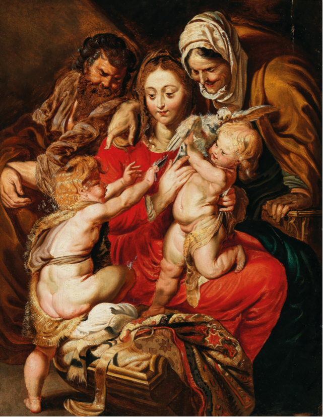 Peter Paul Rubens (Siegen 1577 – 1640 Anversa) e bottega, Sacra Famiglia con Sant'Anna, San Giovannino e la colomba, olio su tavola, 66 x 51 cm, prezzo realizzato € 548.218