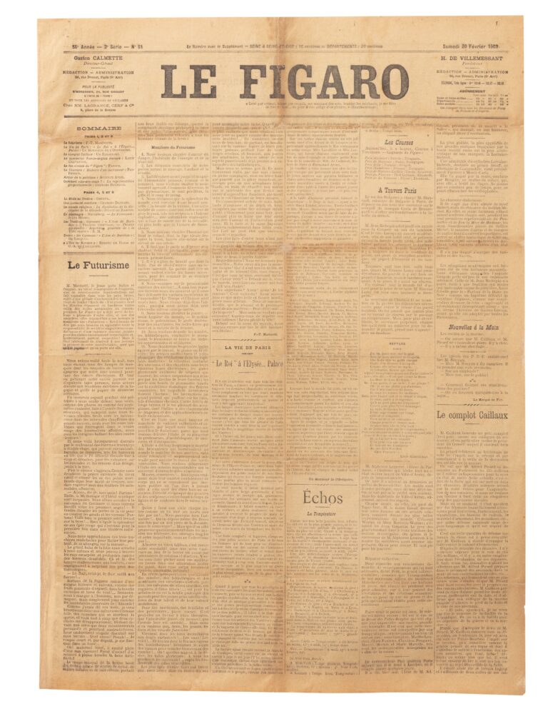 MARINETTI. Manifeste du Futurisme. Le Figaro, 20 February 1909. Founding manifesto of futurism. Very rare issue_est 8,000-12,000€