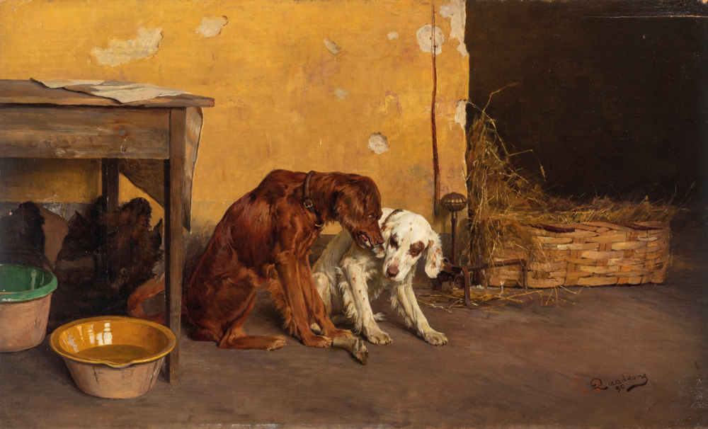 Giovan Battista Quadrone (Mondovì, 1844 - Torino, 1898), Per un osso, 1890 Olio su tavola, cm 26,3X42,6 Stima € 9.000 - 10.000