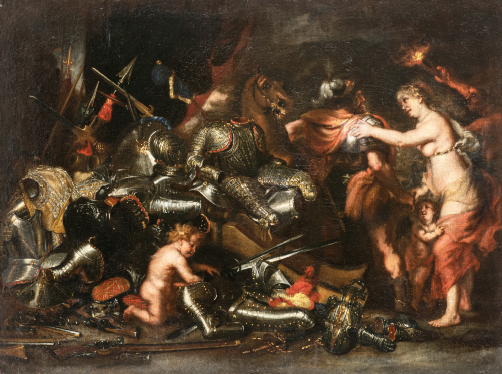 Anton Maria Vassallo, (Genova, 1620 - Milano, 1664), Marte e Venere, Olio su tela, cm 65X88 Stima € 4.000 - 7.000