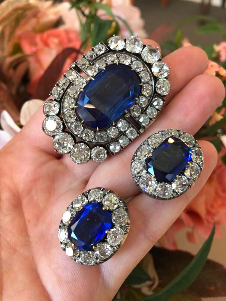 Historically Important Ceylon sapphire and diamond brooch and a pair ear clips, circa 1900. Sold for $850,000 ($300,000-500,000)