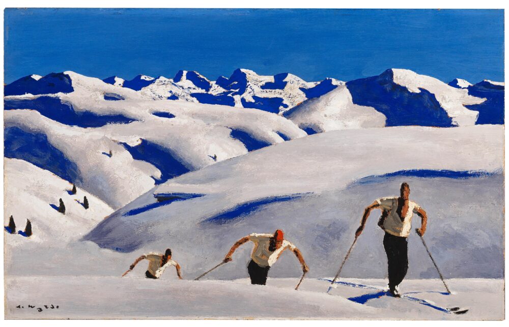 Alfons Walde (Oberndorf 1891–1958 Kitzbühel) Der Aufstieg der Schifahrer (Salita degli sciatori) c. 1927, firmato A. Walde, olio su cartone, 41 x 66 cm, prezzo realizzato € 965.300 record mondiale